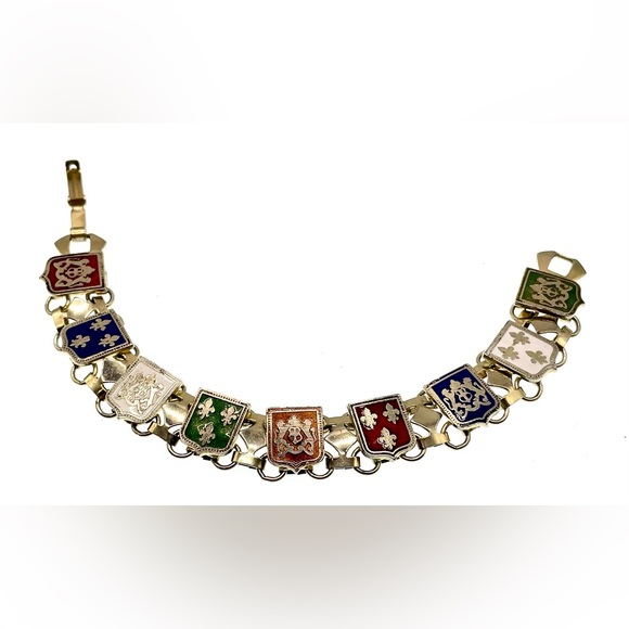Vintage 1960s Silver Tone Enamel Linked Panel Bracelet Fleur De Lis Coat of Arms - Picture 1 of 8